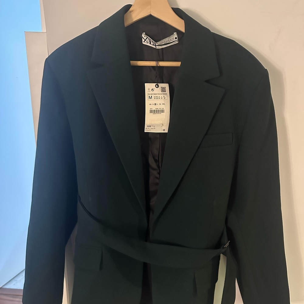 BNWT Zara 100% Wool Deep Green Belted Blazer